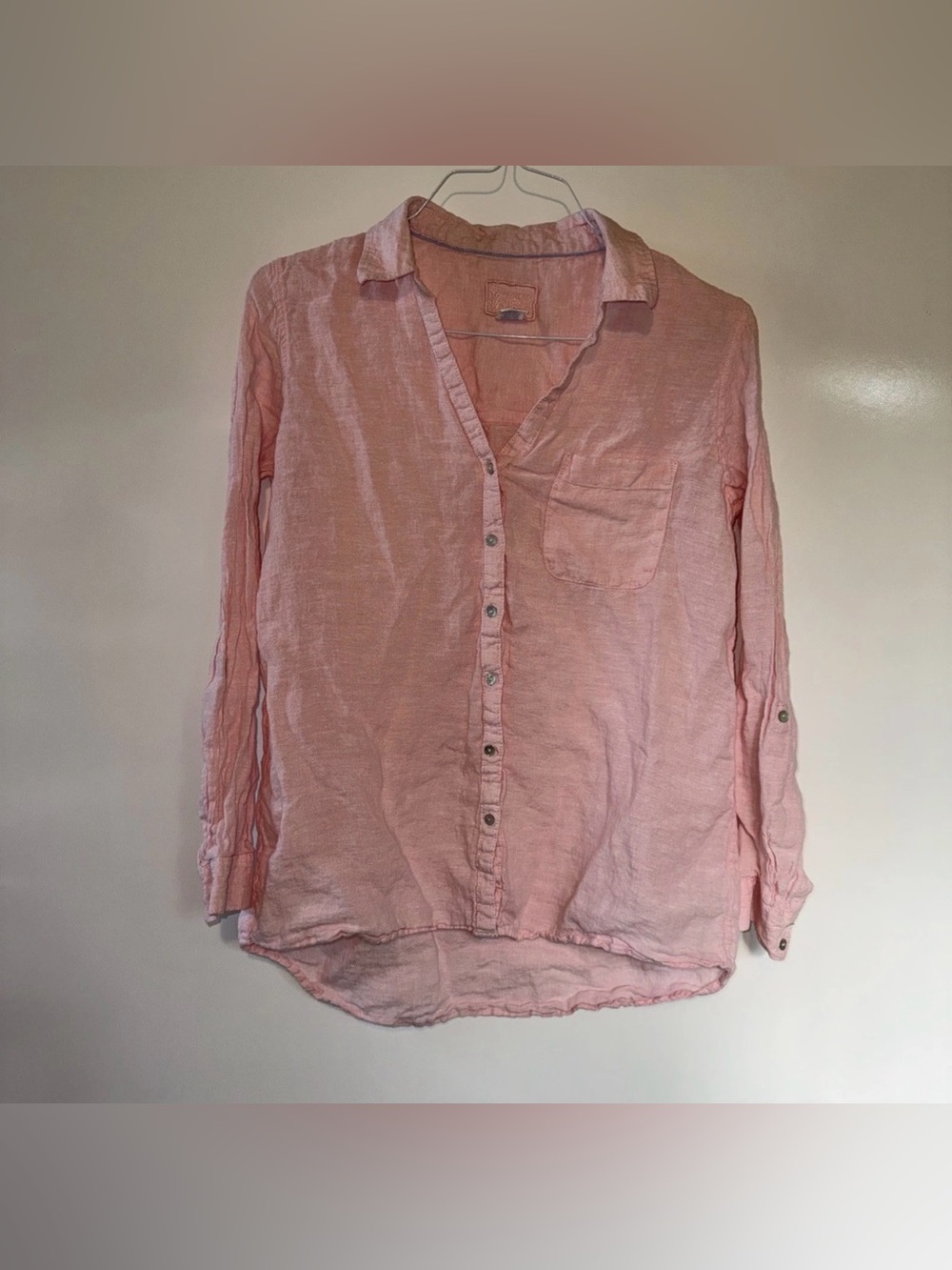 Sigrid Olsen Pink 100% Linen Button Up Blouse Size Large Shell Buttons Coastal
